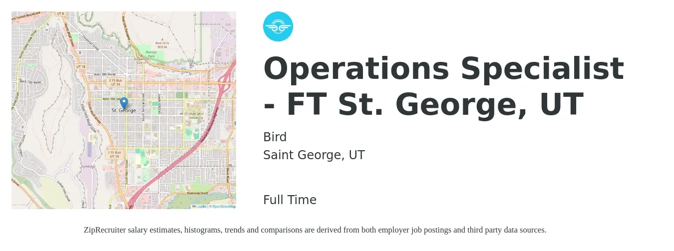 Bird job posting for a Operations Specialist - FT St. George, UT in Saint George, UT with a salary of $48,600 to $65,100 Yearly with a map of Saint George location.