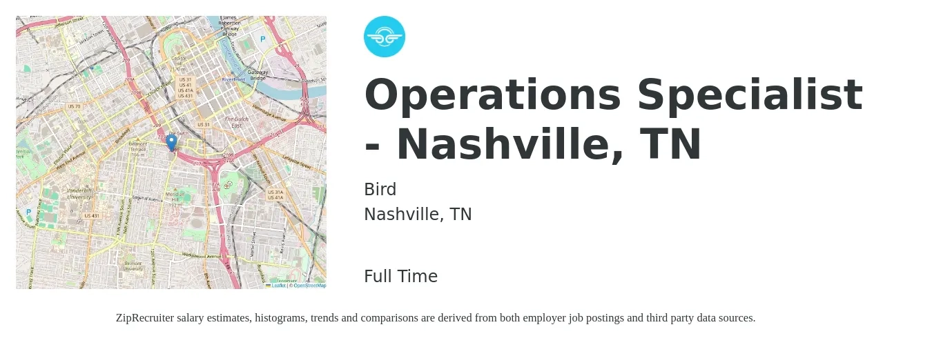 Bird job posting for a Operations Specialist - Nashville, TN in Nashville, TN with a salary of $49,700 to $66,600 Yearly with a map of Nashville location.