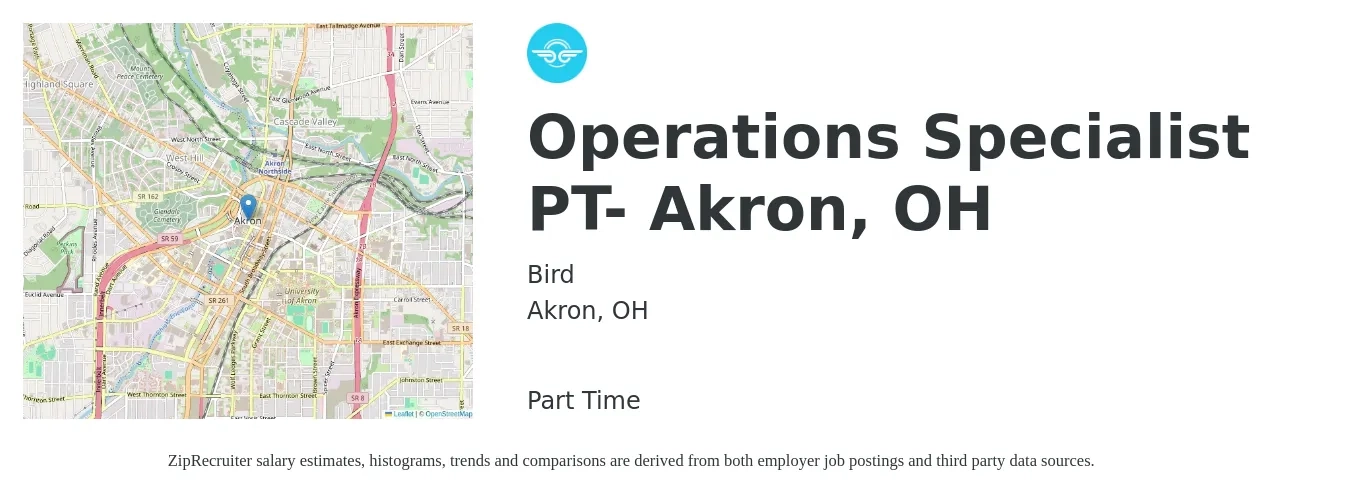 Bird job posting for a Operations Specialist PT- Akron, OH in Akron, OH with a salary of $45,900 to $78,000 Yearly with a map of Akron location.