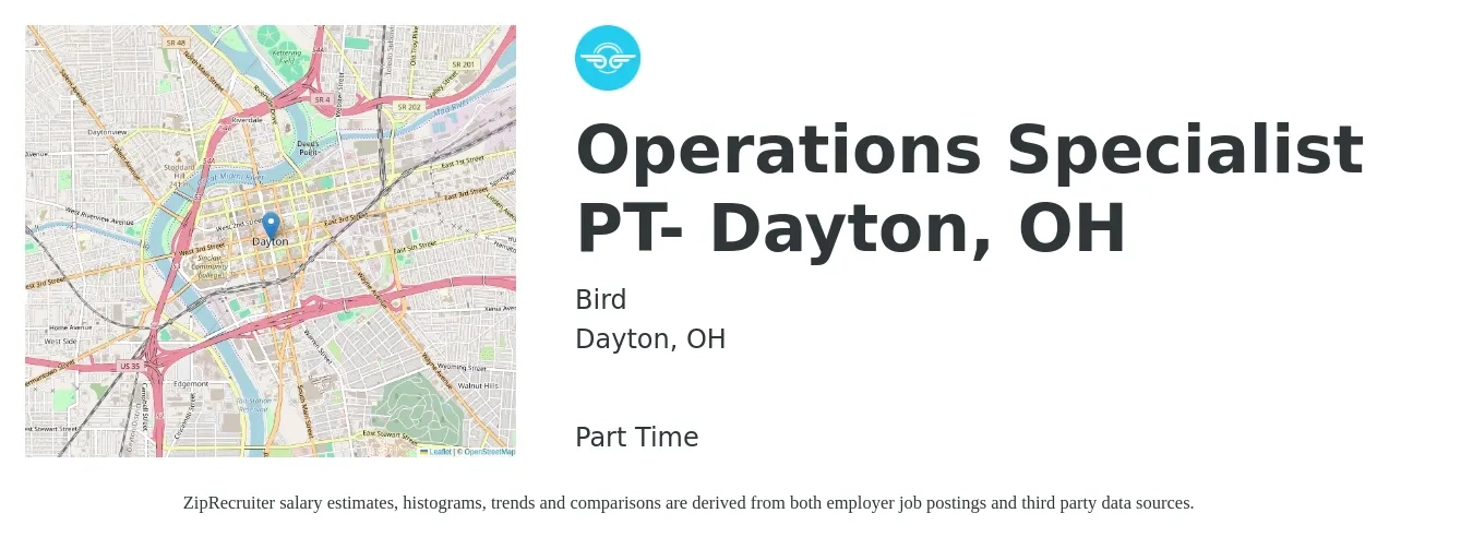 Bird job posting for a Operations Specialist PT- Dayton, OH in Dayton, OH with a salary of $50,100 to $67,100 Yearly with a map of Dayton location.