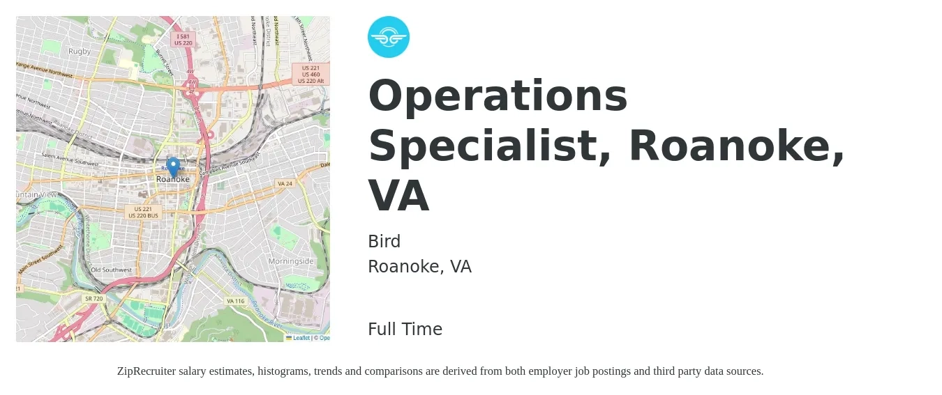 Bird job posting for a Operations Specialist, Roanoke, VA in Roanoke, VA with a salary of $47,100 to $80,000 Yearly with a map of Roanoke location.