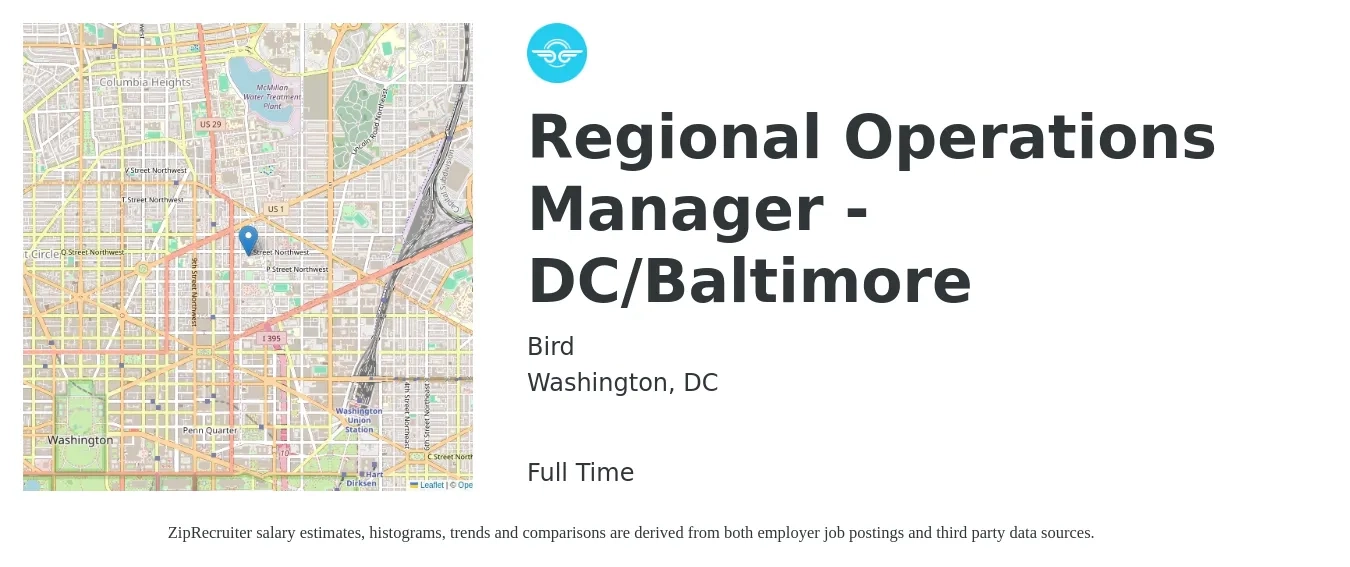 Bird job posting for a Regional Operations Manager - DC/Baltimore in Washington, DC with a salary of $87,000 to $100,000 Yearly with a map of Washington location.