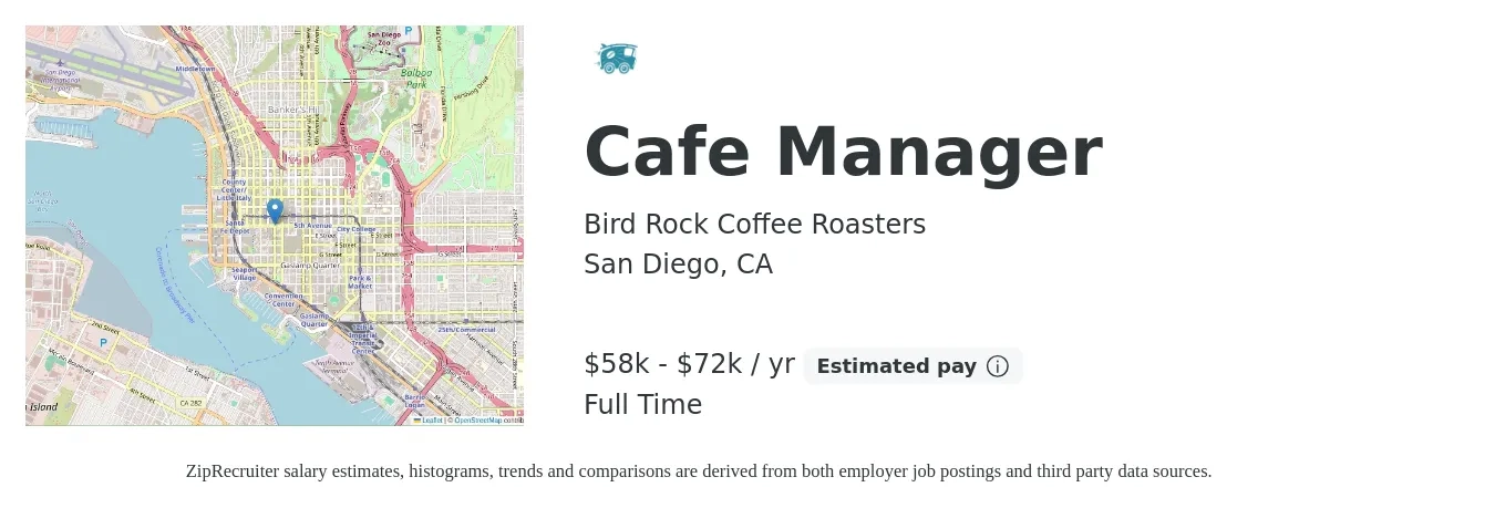 Bird Rock Coffee Roasters job posting for a Cafe Manager in San Diego, CA with a salary of $58,200 to $72,000 Yearly with a map of San Diego location.