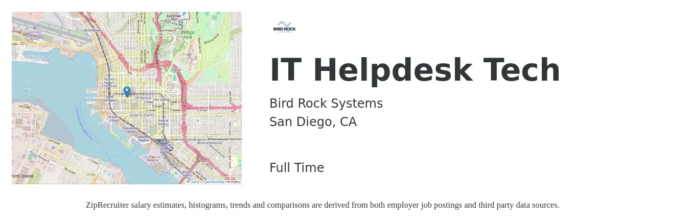 Bird Rock Systems job posting for a IT Helpdesk Tech in San Diego, CA with a salary of $26 to $29 Hourly with a map of San Diego location.