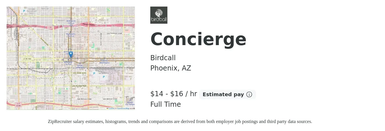 Birdcall job posting for a Concierge in Phoenix, AZ with a salary of $15 to $17 Hourly with a map of Phoenix location.
