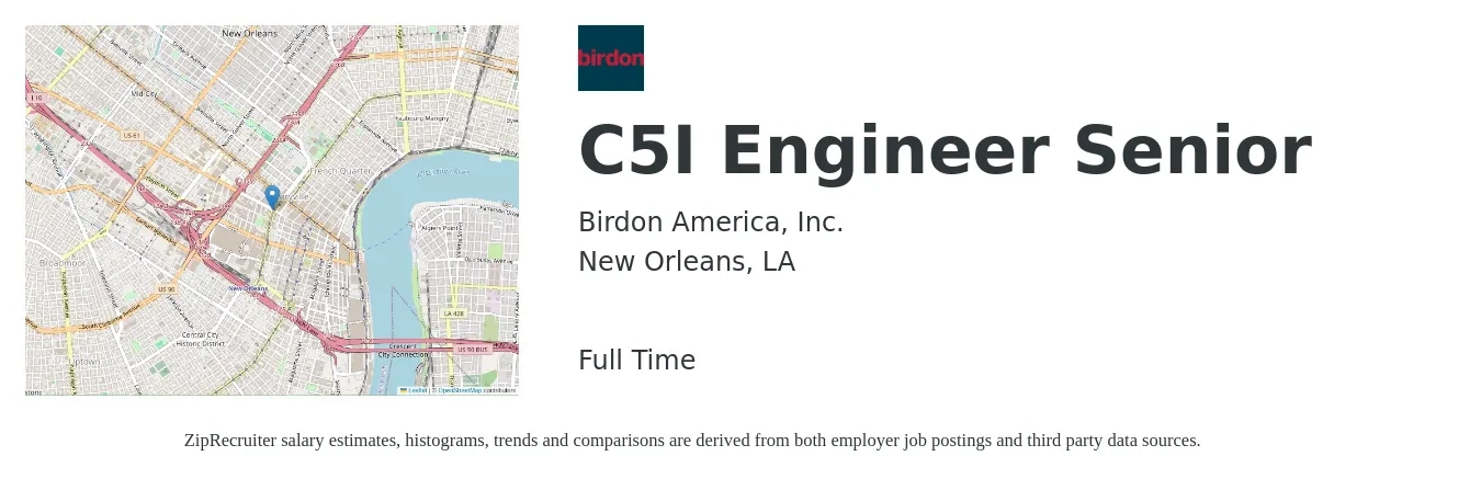 Birdon America, Inc. job posting for a C5I Engineer Senior in New Orleans, LA with a salary of $96,400 to $132,300 Yearly with a map of New Orleans location.