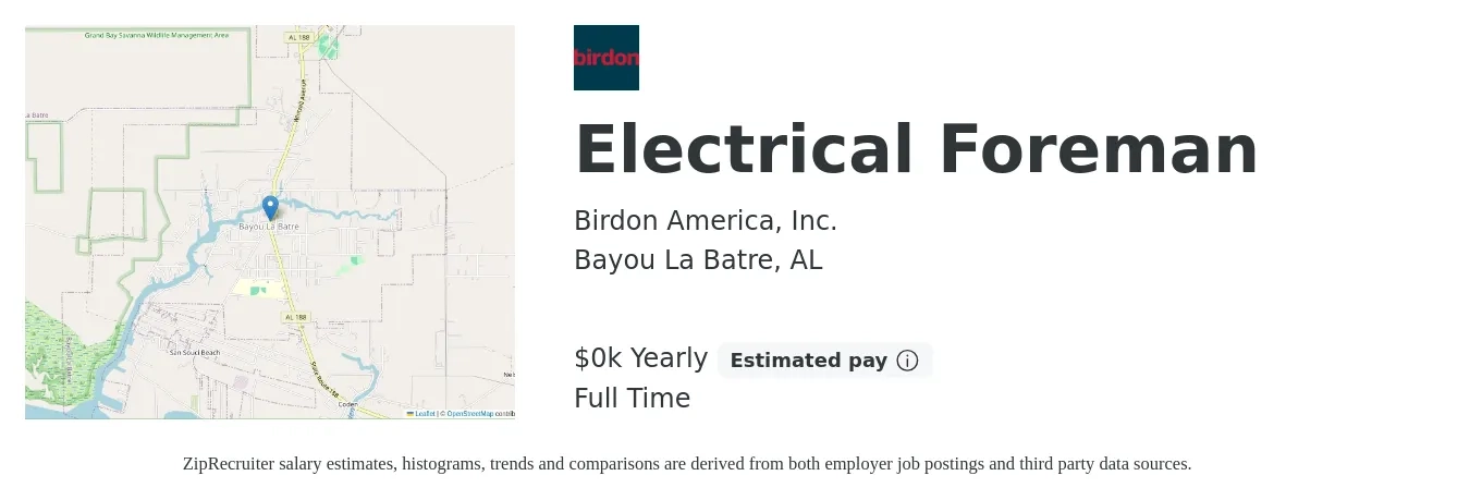 Birdon America, Inc. job posting for a Electrical Foreman in Bayou La Batre, AL with a salary of $32 Yearly with a map of Bayou La Batre location.