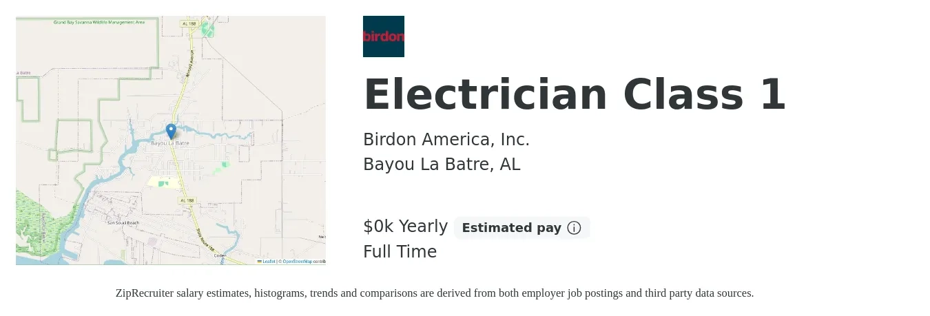 Birdon America, Inc. job posting for a Electrician Class 1 in Bayou La Batre, AL with a salary of $28 Yearly with a map of Bayou La Batre location.