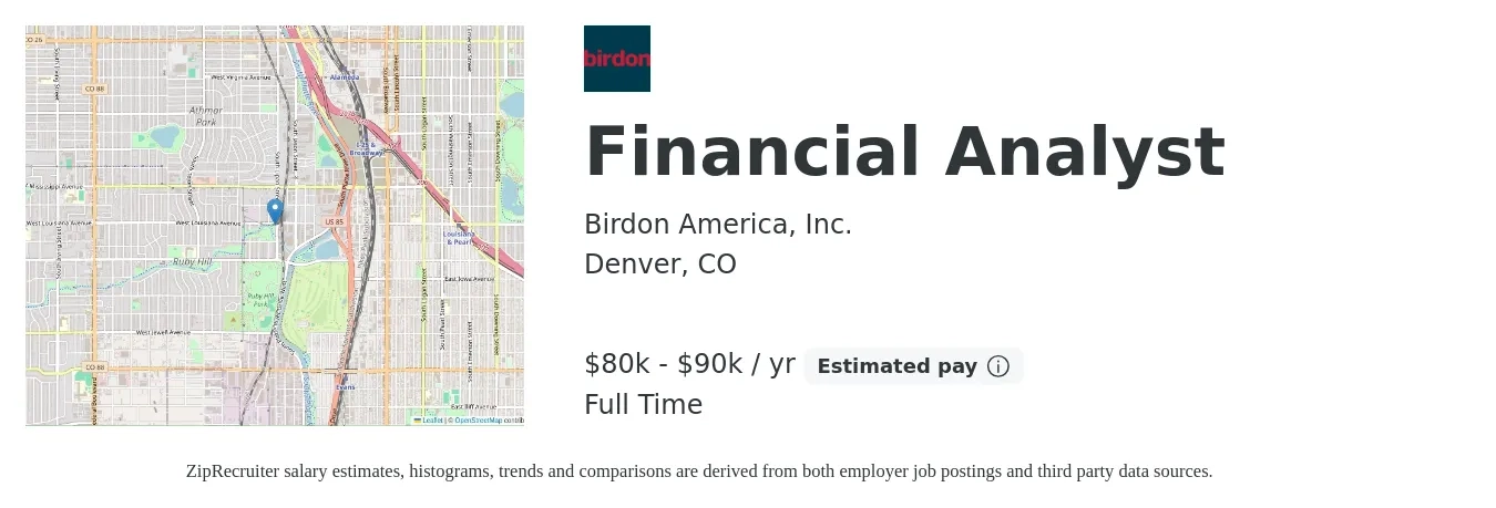 Birdon America, Inc. job posting for a Financial Analyst in Denver, CO with a salary of $80,000 to $90,000 Yearly with a map of Denver location.