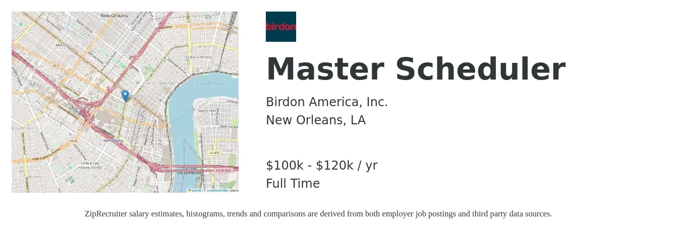 Birdon America, Inc. job posting for a Master Scheduler in New Orleans, LA with a salary of $100,000 to $120,000 Yearly with a map of New Orleans location.