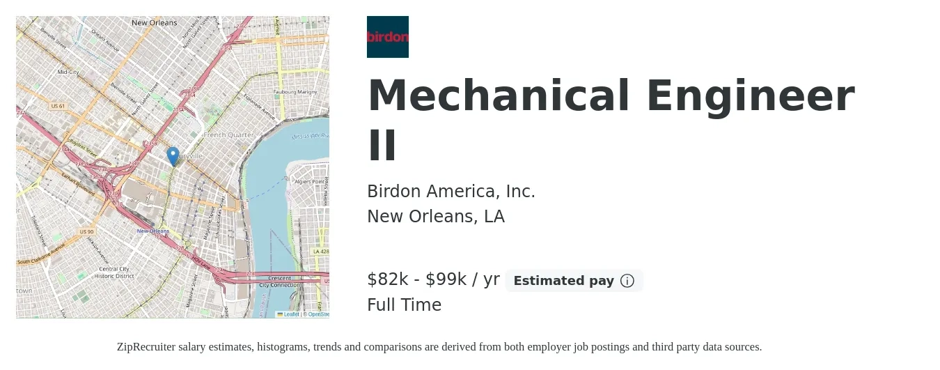 Birdon America, Inc. job posting for a Mechanical Engineer II in New Orleans, LA with a salary of $82,760 to $99,620 Yearly with a map of New Orleans location.