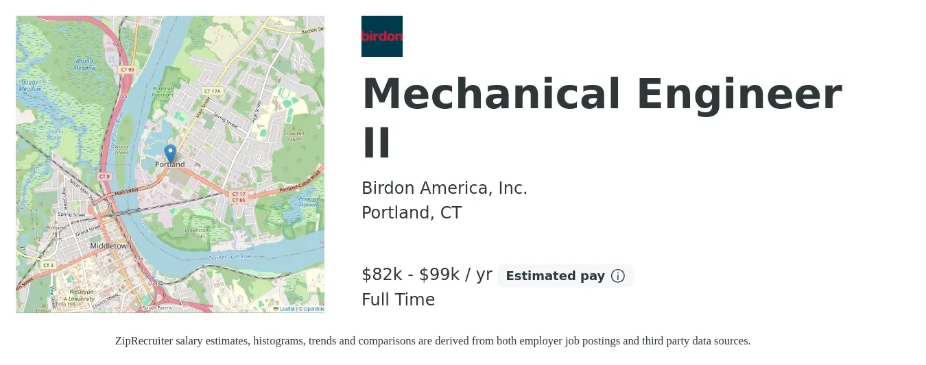 Birdon America, Inc. job posting for a Mechanical Engineer II in Portland, CT with a salary of $82,760 to $99,620 Yearly with a map of Portland location.
