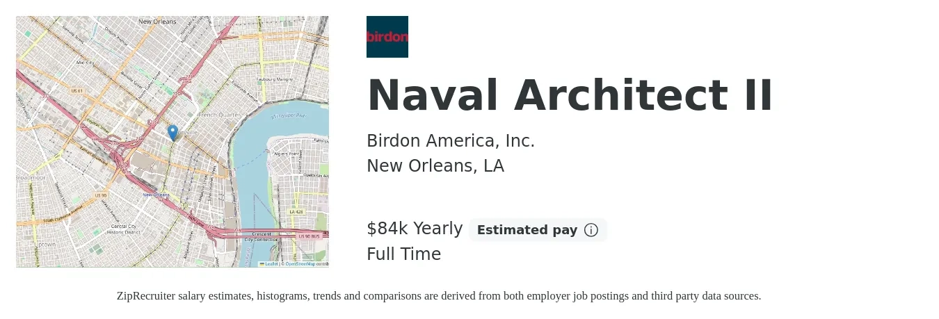 Birdon America, Inc. job posting for a Naval Architect II in New Orleans, LA with a salary of $84,400 Yearly with a map of New Orleans location.