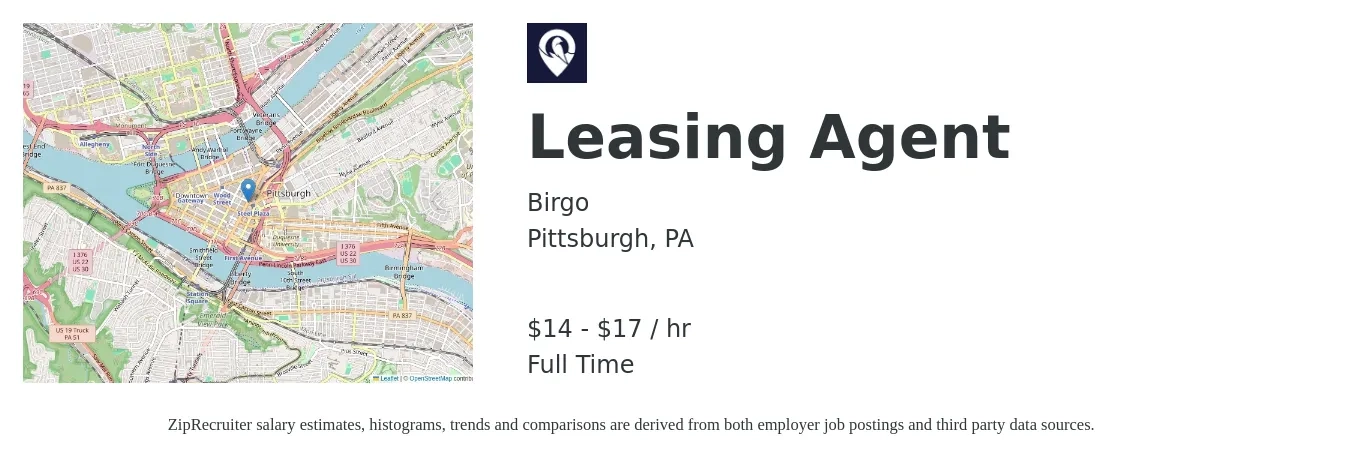 Birgo job posting for a Leasing Agent in Pittsburgh, PA with a salary of $15 to $18 Hourly with a map of Pittsburgh location.