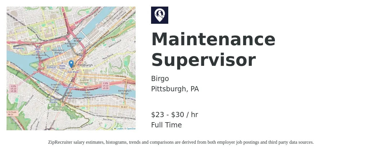 Birgo job posting for a Maintenance Supervisor in Pittsburgh, PA with a salary of $24 to $32 Hourly with a map of Pittsburgh location.