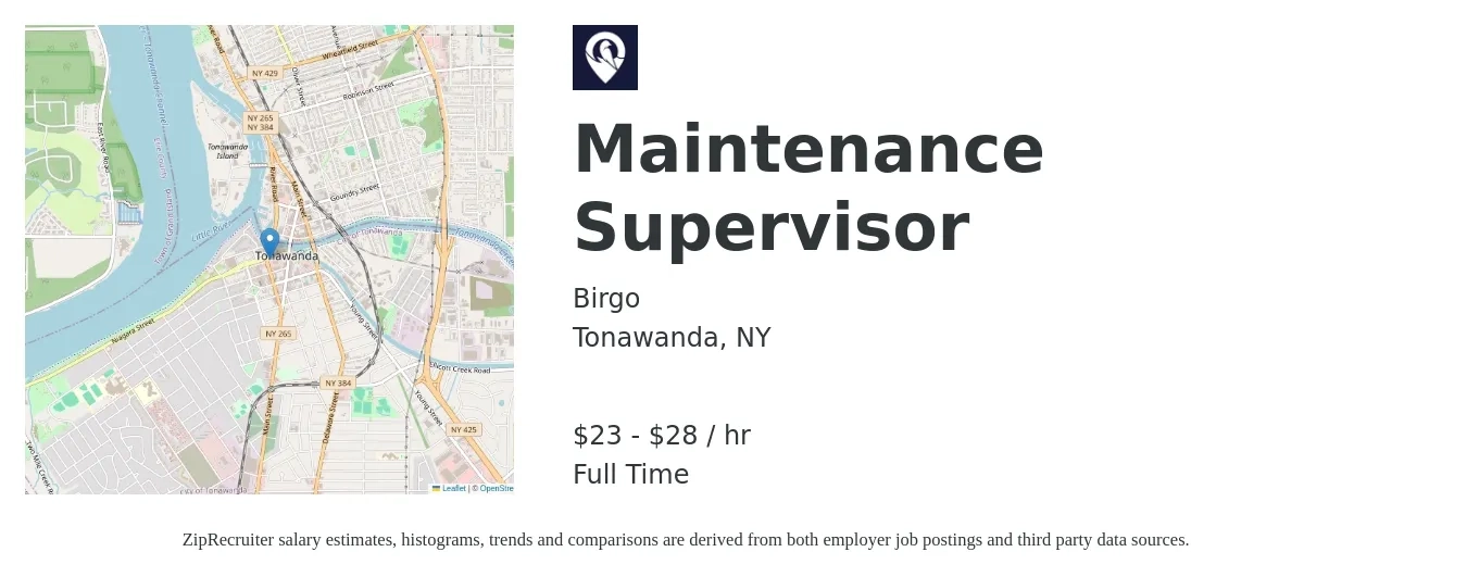 Birgo job posting for a Maintenance Supervisor in Tonawanda, NY with a salary of $24 to $30 Hourly with a map of Tonawanda location.
