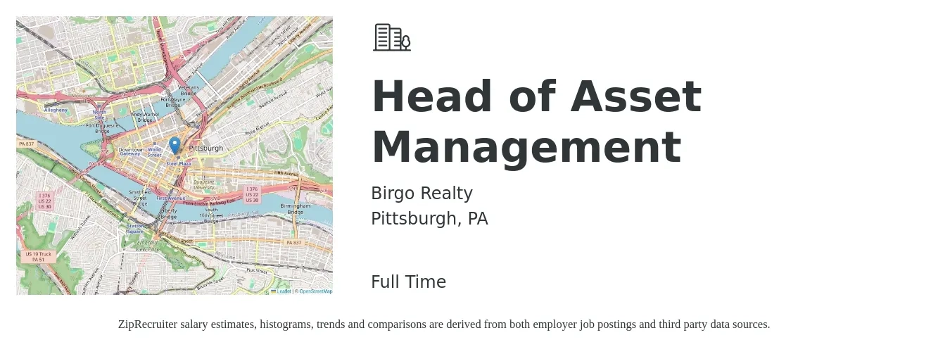 Birgo Realty job posting for a Head of Asset Management in Pittsburgh, PA with a salary of $77,200 to $102,400 Yearly with a map of Pittsburgh location.