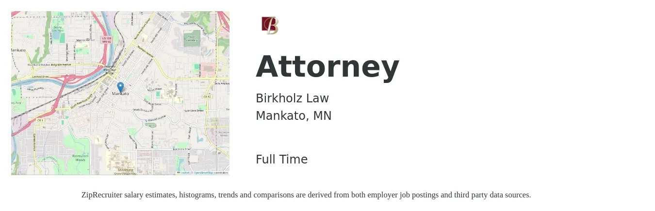 Birkholz Law job posting for a Attorney in Mankato, MN with a salary of $79,200 to $128,600 Yearly with a map of Mankato location.