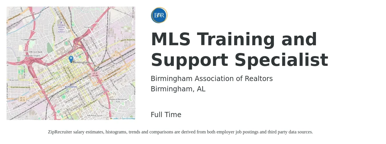 Birmingham Association of Realtors job posting for a MLS Training and Support Specialist in Birmingham, AL with a salary of $53,400 to $77,800 Yearly with a map of Birmingham location.
