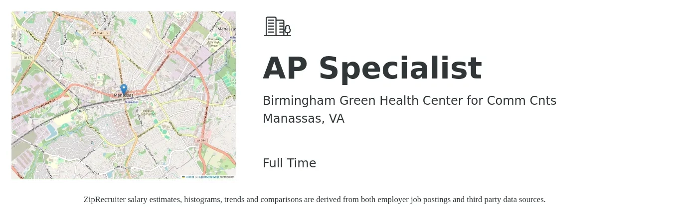 Birmingham Green Health Center for Comm Cnts job posting for a AP Specialist in Manassas, VA with a salary of $21 to $27 Hourly with a map of Manassas location.