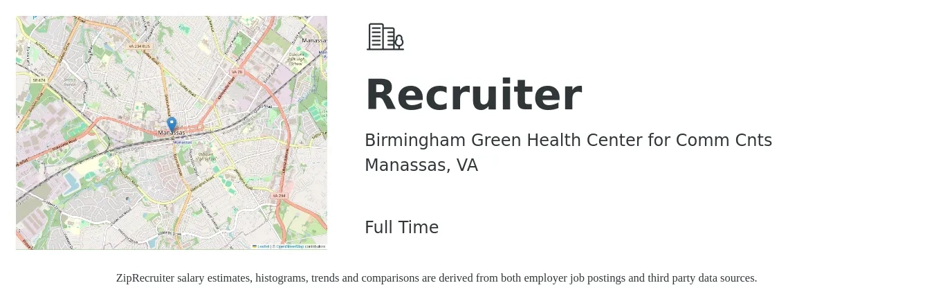 Birmingham Green Health Center for Comm Cnts job posting for a Recruiter in Manassas, VA with a salary of $21 to $33 Hourly with a map of Manassas location.