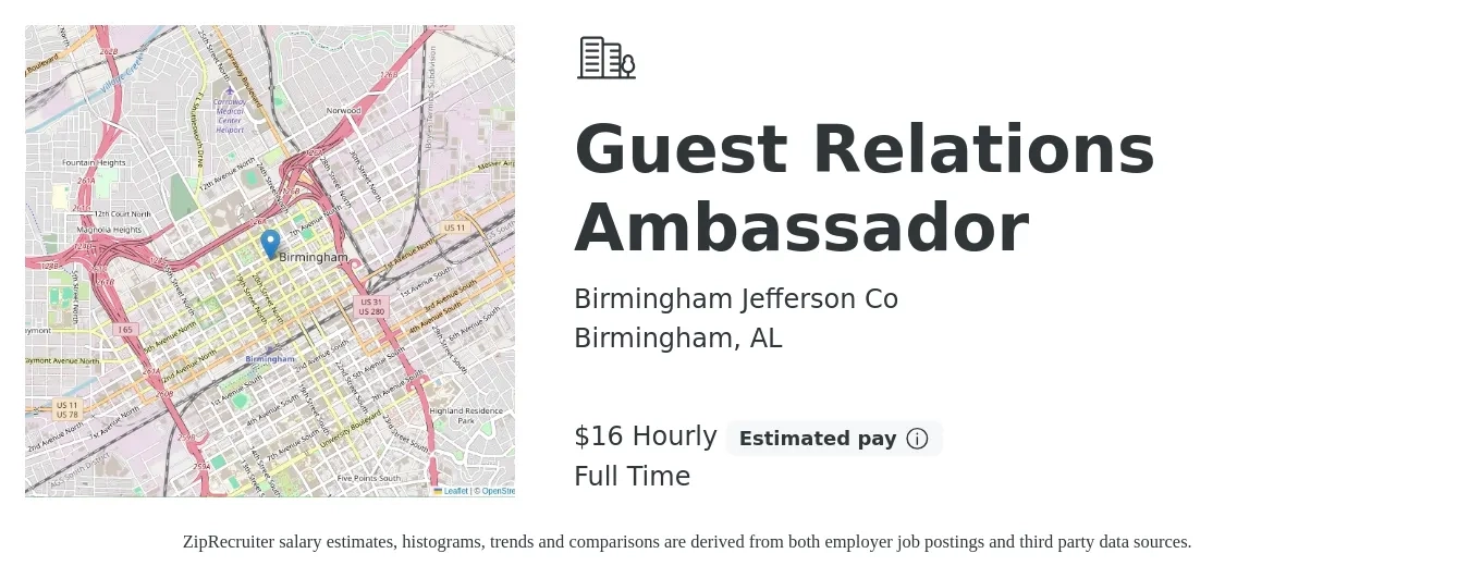 Birmingham Jefferson Co job posting for a Guest Relations Ambassador in Birmingham, AL with a salary of $18 Hourly with a map of Birmingham location.