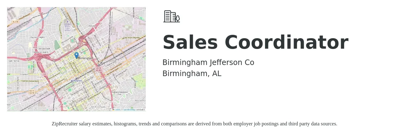 Birmingham Jefferson Co job posting for a Sales Coordinator in Birmingham, AL with a salary of $18 to $24 Hourly with a map of Birmingham location.