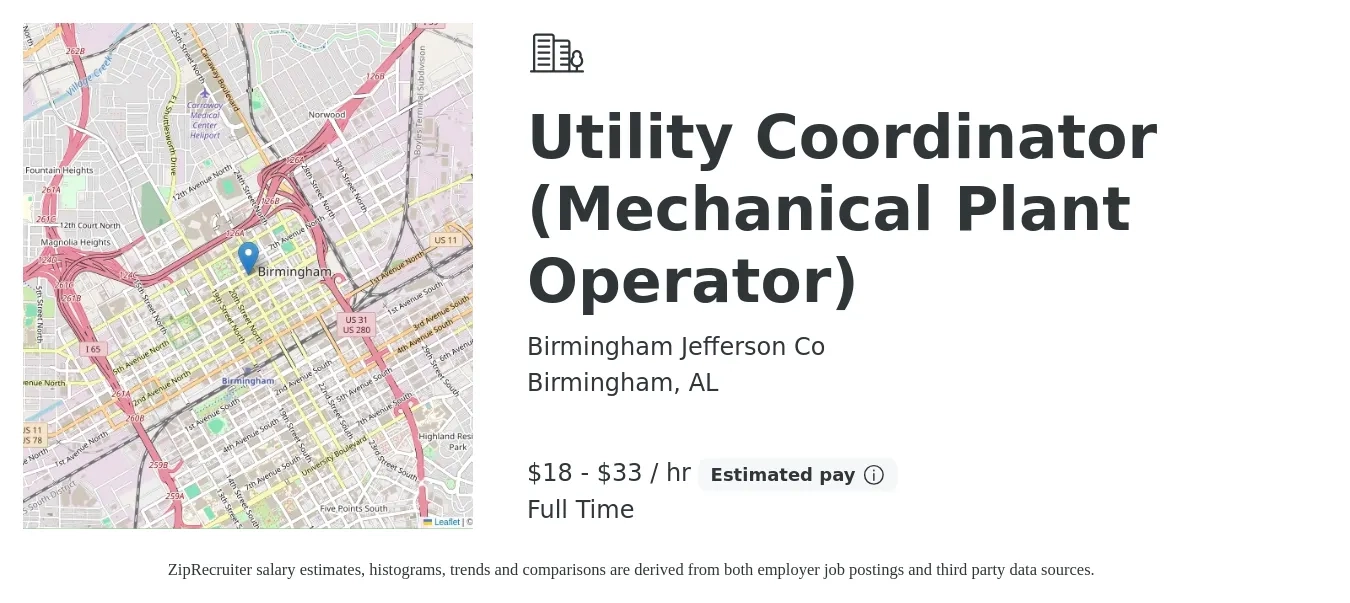 Birmingham Jefferson Co job posting for a Utility Coordinator (Mechanical Plant Operator) in Birmingham, AL with a salary of $19 to $35 Hourly with a map of Birmingham location.