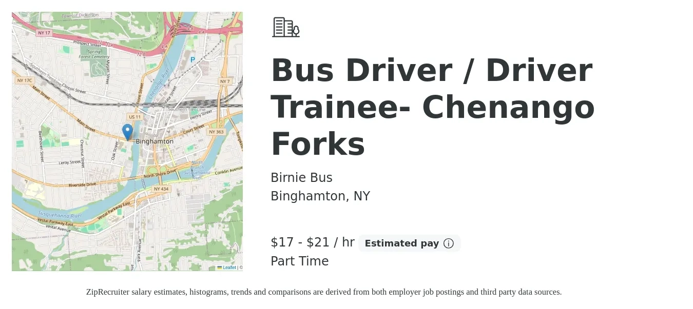 Birnie Bus job posting for a Bus Driver / Driver Trainee- Chenango Forks in Binghamton, NY with a salary of $18 to $22 Hourly with a map of Binghamton location.