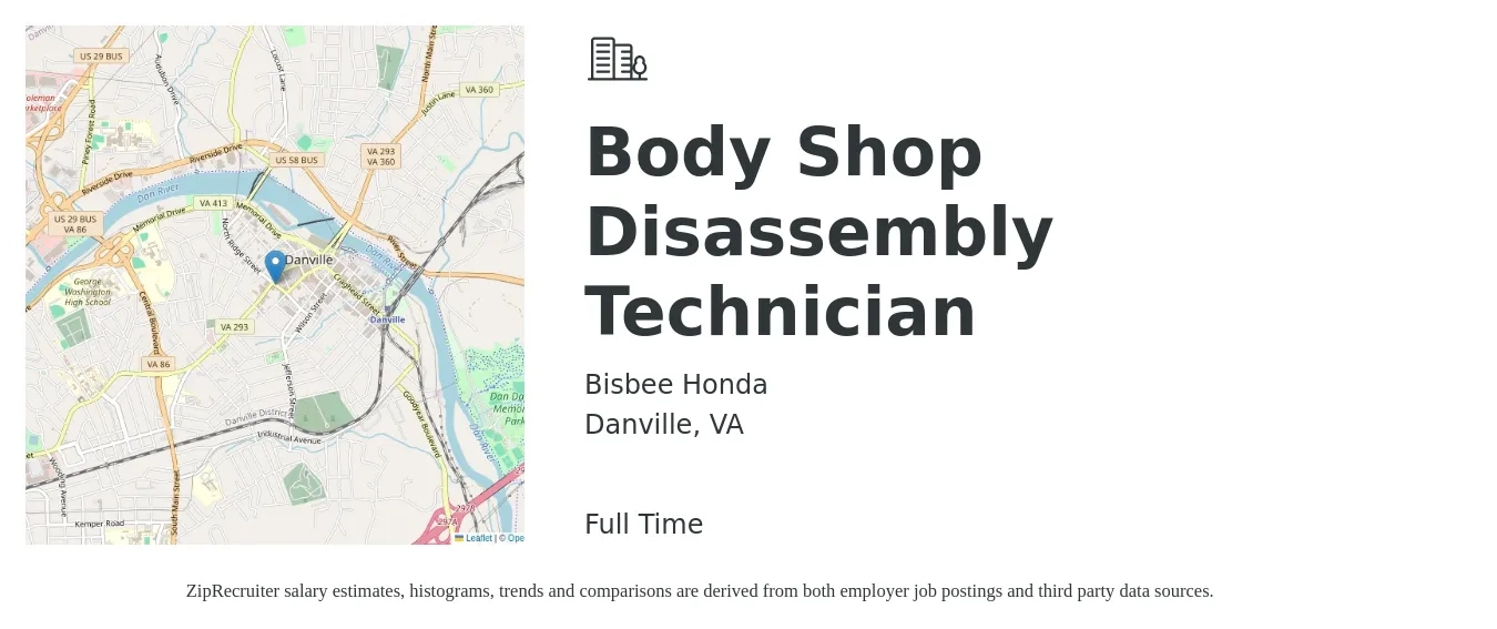 Bisbee Honda job posting for a Body Shop Disassembly Technician in Danville, VA with a salary of $20 to $30 Hourly with a map of Danville location.