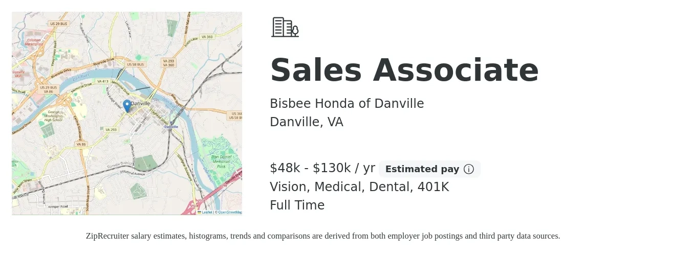 Bisbee Honda of Danville job posting for a Sales Associate in Danville, VA with a salary of $48,000 to $130,000 Yearly and benefits including 401k, dental, life_insurance, medical, and vision with a map of Danville location.