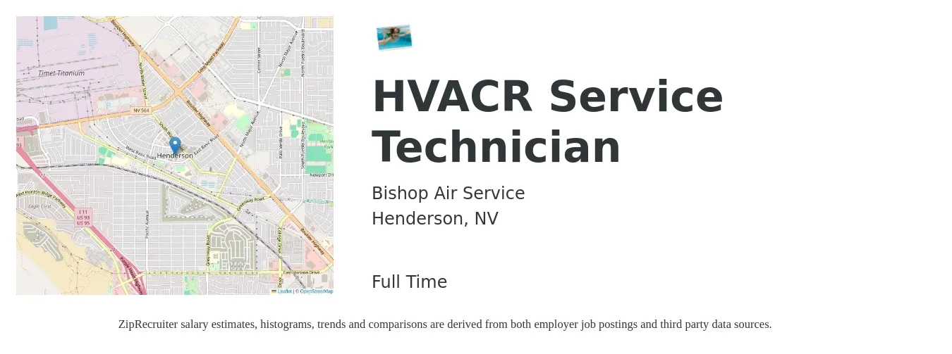 Bishop Air Service job posting for a Hvacr Service Technician in Henderson, NV with a salary of $30 to $40 Hourly with a map of Henderson location.