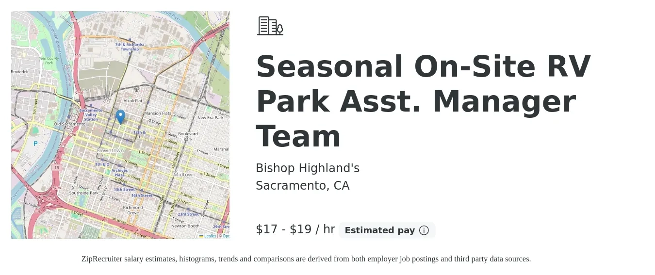 Bishop Highland's job posting for a Seasonal On-Site RV Park Asst. Manager Team in Sacramento, CA with a salary of $18 to $20 Hourly with a map of Sacramento location.