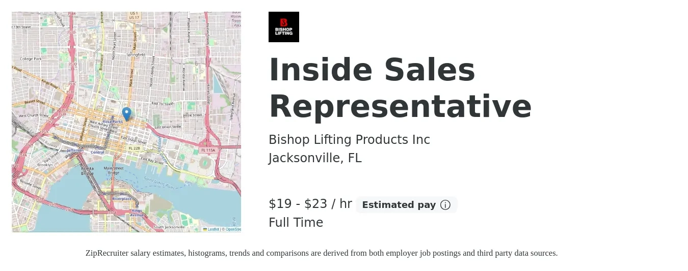 Bishop Lifting Products Inc job posting for a Inside Sales Representative in Jacksonville, FL with a salary of $20 to $24 Hourly with a map of Jacksonville location.