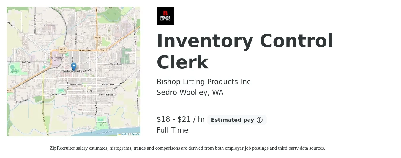 Bishop Lifting Products Inc job posting for a Inventory Control Clerk in Sedro-Woolley, WA with a salary of $19 to $22 Hourly with a map of Sedro-Woolley location.