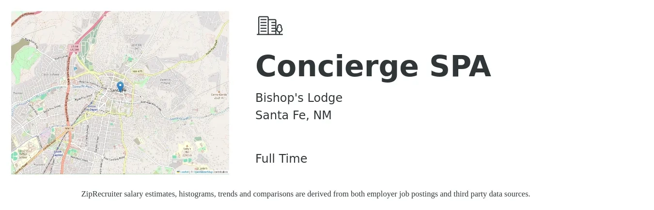 Bishop's Lodge job posting for a Concierge SPA in Santa Fe, NM with a salary of $14 to $17 Hourly with a map of Santa Fe location.