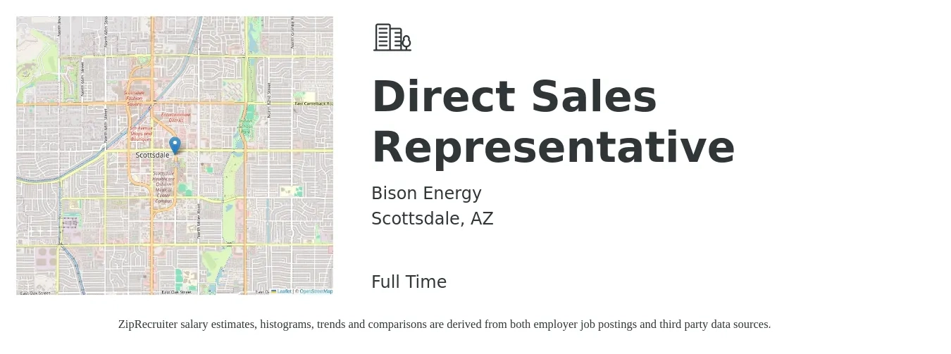 Bison Energy job posting for a Direct Sales Representative in Scottsdale, AZ with a salary of $50,900 to $75,600 Yearly with a map of Scottsdale location.