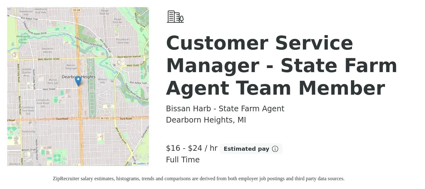 Bissan Harb - State Farm Agent job posting for a Customer Service Manager - State Farm Agent Team Member in Dearborn Heights, MI with a salary of $17 to $25 Hourly with a map of Dearborn Heights location.