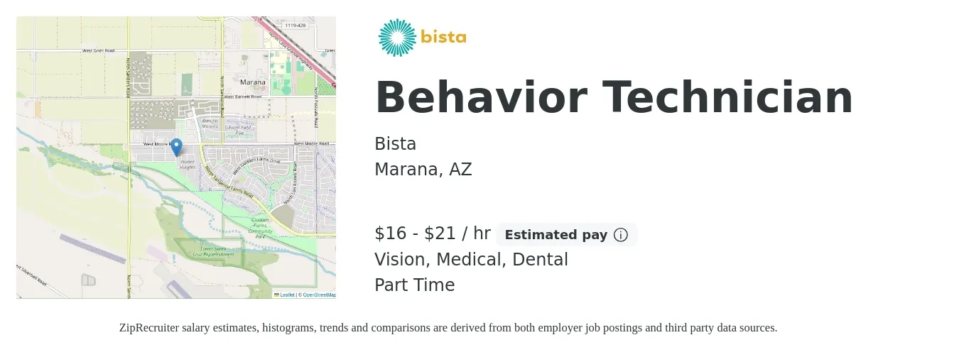 Bista job posting for a Behavior Technician in Marana, AZ with a salary of $17 to $22 Hourly and benefits including life_insurance, medical, pto, vision, and dental with a map of Marana location.