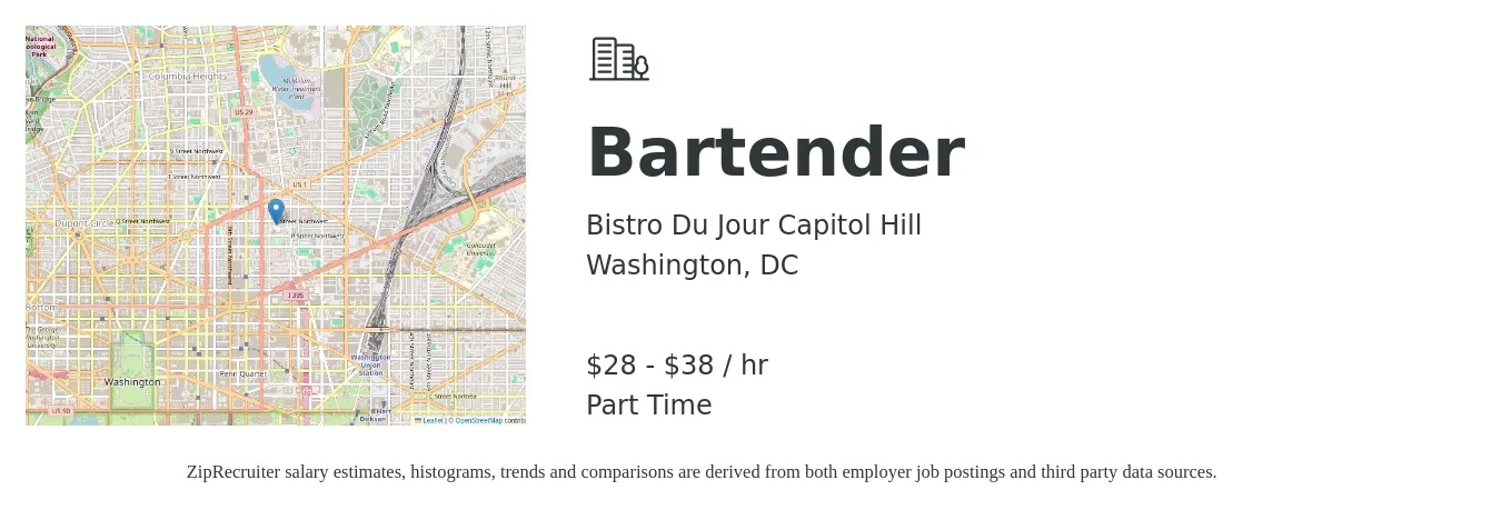 Bistro Du Jour Capitol Hill job posting for a Bartender in Washington, DC with a salary of $30 to $40 Hourly with a map of Washington location.