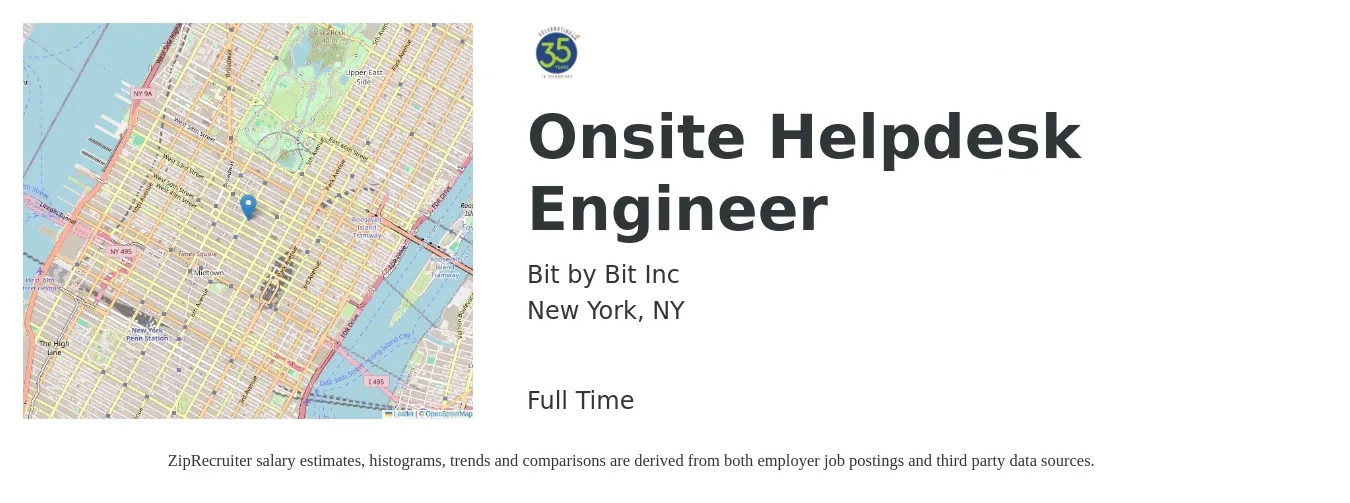 Bit by Bit Inc job posting for a Onsite Helpdesk Engineer in New York, NY with a salary of $54,000 to $79,300 Yearly with a map of New York location.