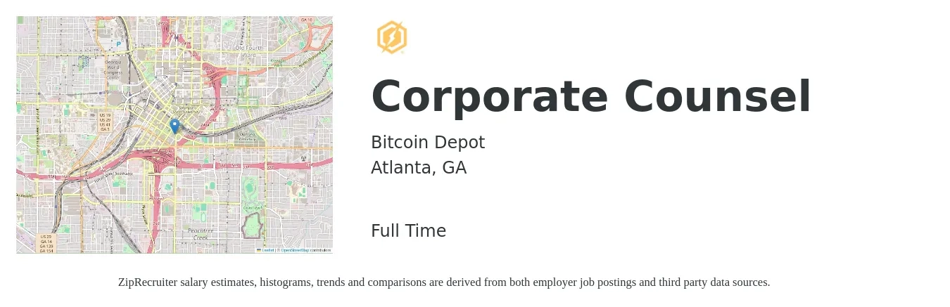 Bitcoin Depot job posting for a Corporate Counsel in Atlanta, GA with a salary of $125,000 to $176,500 Yearly with a map of Atlanta location.