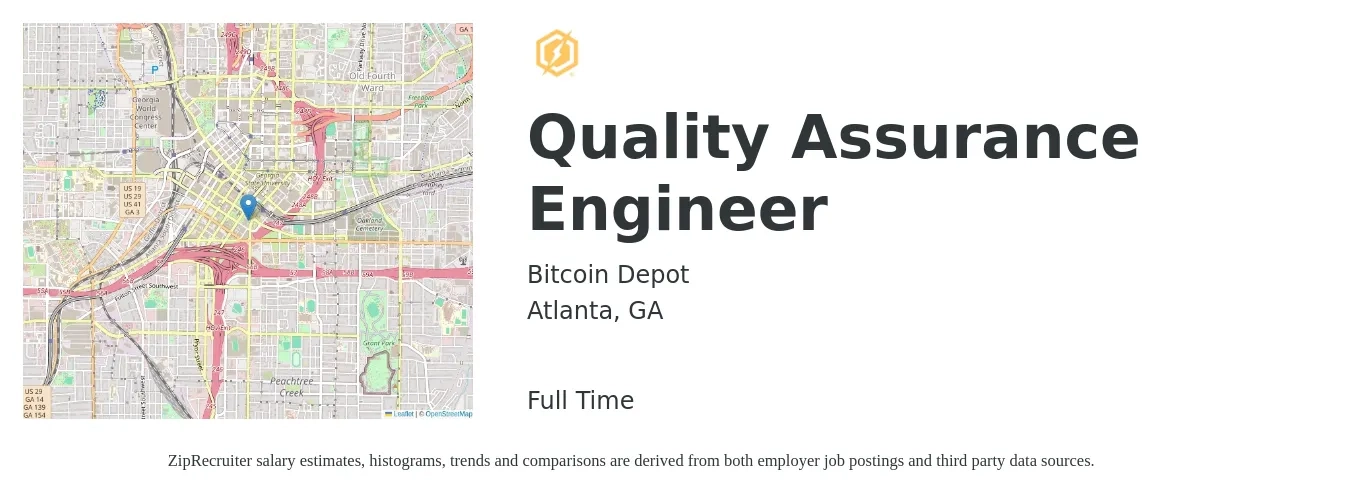 Bitcoin Depot job posting for a Quality Assurance Engineer in Atlanta, GA with a salary of $76,000 to $107,200 Yearly with a map of Atlanta location.