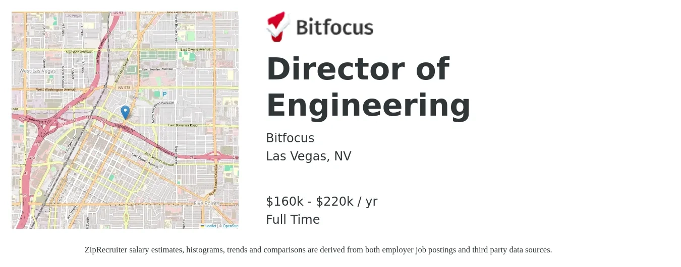 Bitfocus job posting for a Director of Engineering in Las Vegas, NV with a salary of $160,000 to $220,000 Yearly with a map of Las Vegas location.
