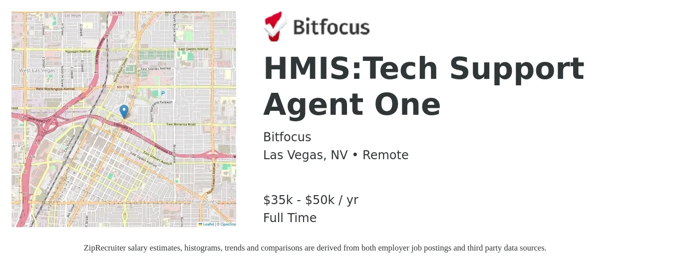 Bitfocus job posting for a HMIS:Tech Support Agent One in Las Vegas, NV with a salary of $35,000 to $50,000 Yearly with a map of Las Vegas location.