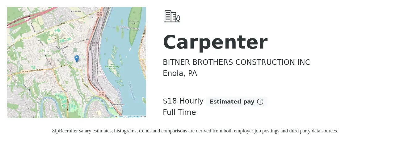 BITNER BROTHERS CONSTRUCTION INC job posting for a Carpenter in Enola, PA with a salary of $20 Hourly with a map of Enola location.