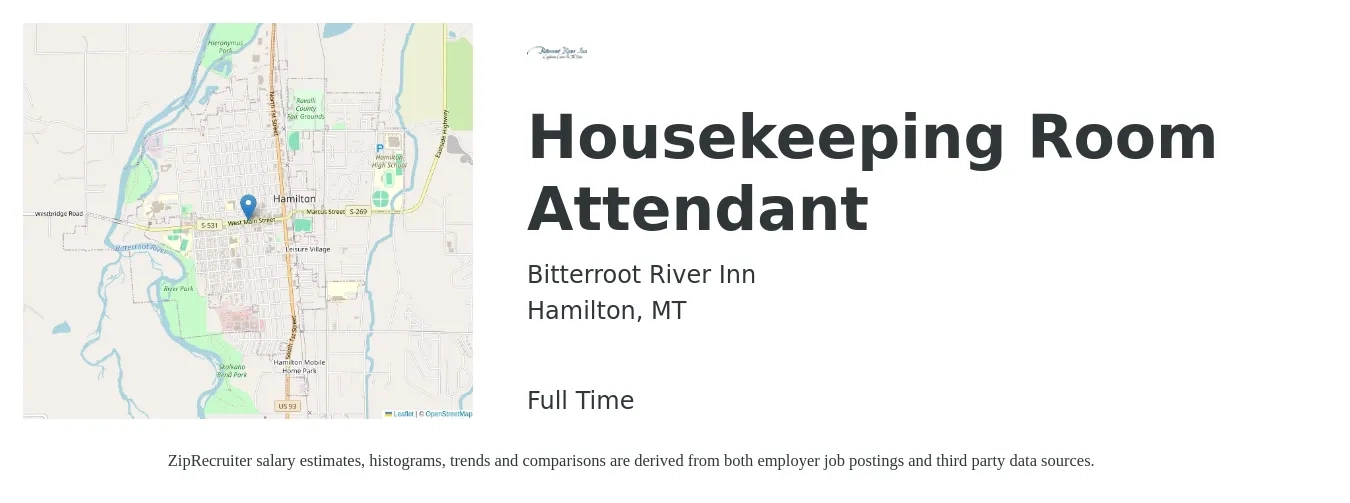 Bitterroot River Inn job posting for a Housekeeping Room Attendant in Hamilton, MT with a salary of $14 Hourly with a map of Hamilton location.