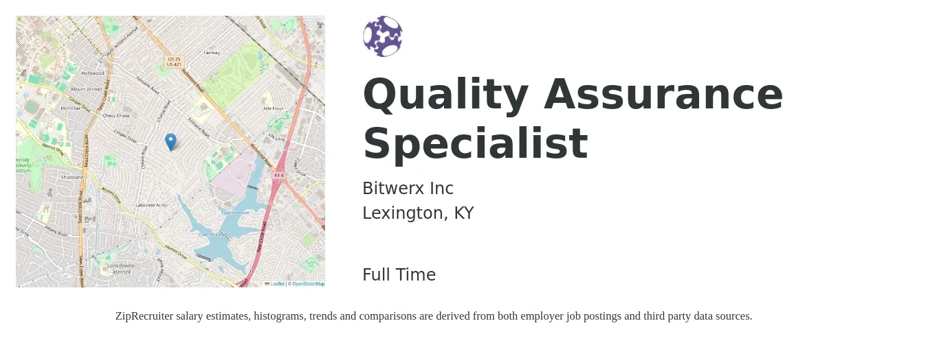 Bitwerx Inc job posting for a Quality Assurance Specialist in Lexington, KY with a salary of $56,700 to $84,000 Yearly with a map of Lexington location.