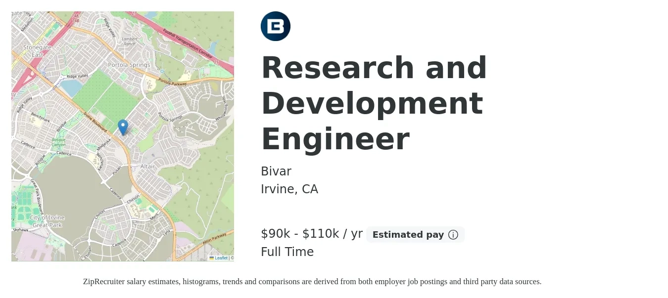 Bivar job posting for a Research and Development Engineer in Irvine, CA with a salary of $90,000 to $110,000 Yearly with a map of Irvine location.