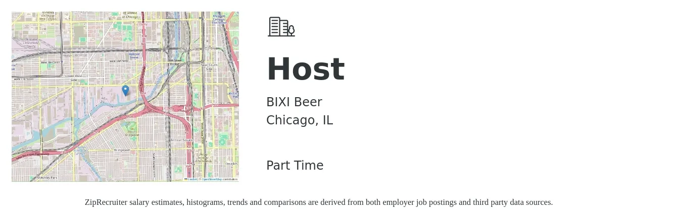 BIXI Beer job posting for a Host in Chicago, IL with a salary of $12 to $17 Hourly with a map of Chicago location.